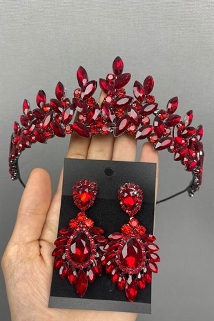 Kırmızı Subra Model Gelin Kına Tac ve Küpesi