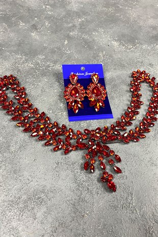 Red Sultan Crown Bridal Henna Hair Accessory and Stone Earring