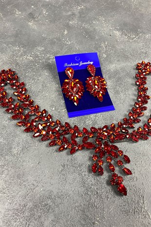 Red Sultan Crown Bridal Henna Hair Accessory And Earring Set