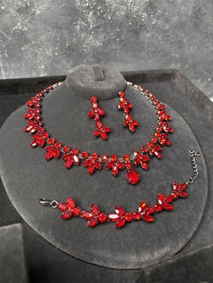 Kırmızı Taşlı Kolye Küpe Bileklik Set Lüks Işıltılı Gelin Düğün Abiye Takı
