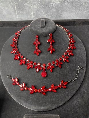 Kırmızı Taşlı Kolye Küpe Bileklik Set Lüks Işıltılı Gelin Düğün Abiye Takı
