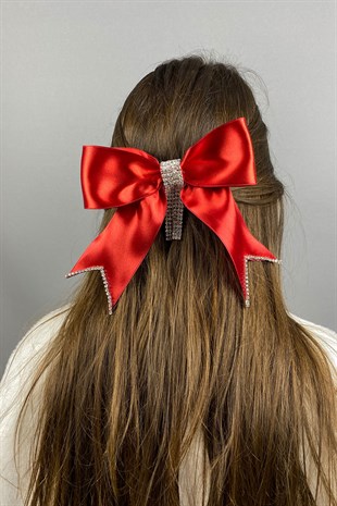 Kırmızı Taşlı Özel Tasarım Fiyonklu Saç Tokası Aksesuar 