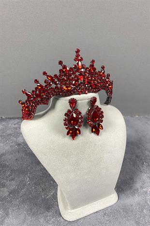 Red Tokyo Stone Bridal Henna Tiara and Stud Earrings