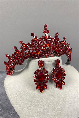 Red Tokyo Stone Bridal Henna Tiara and Stud Earrings
