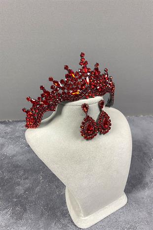 Red Tokyo Stone Bridal Henna Tiara and Drop Earrings Set