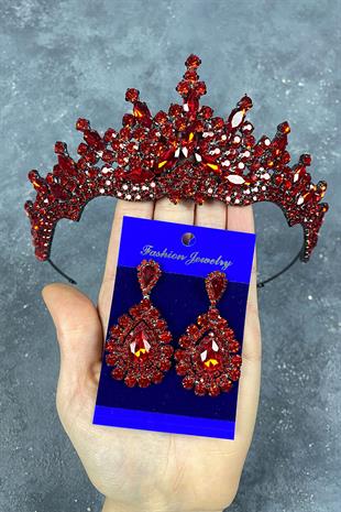 Red Tokyo Stone Bridal Henna Tiara and Drop Earrings Set