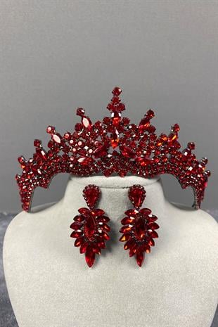 Red Tokyo Stone Bridal Henna Tiara and Stud Earrings Set
