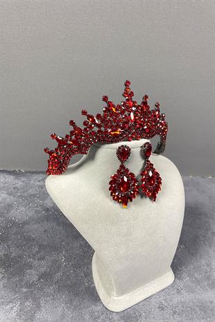 Red Tokyo Stone Bridal Henna Tiara and Stud Earrings Set