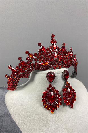 Red Tokyo Stone Bridal Henna Tiara and Stud Earrings Set