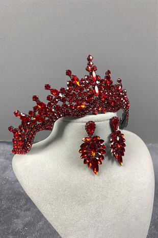 Red Tokyo Stone Bridal Henna Tiara and Stud Earrings Set