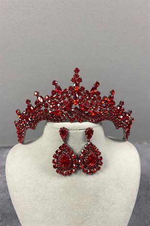 Red Tokyo Stone Bridal Henna Tiara and Drop Earrings Set