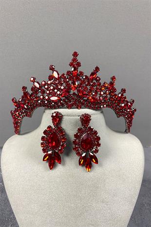 Red Tokyo Stone Bridal Henna Tiara and Stud Earrings