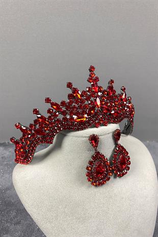 Red Tokyo Stone Bridal Henna Tiara and Drop Earrings Set