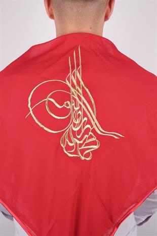 Kırmızı Tuğralı Gold Nakışlı Biyeli Damat Örtüsü