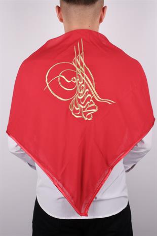 Kırmızı Tuğralı Gold Nakışlı Biyeli Damat Örtüsü