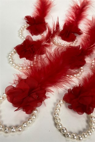 Kırmızı Tüylü İncili Nedime Bilekliği 10 Adet