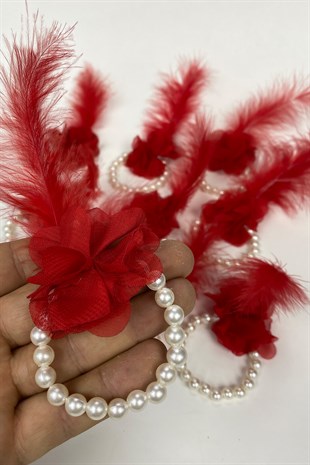 Kırmızı Tüylü İncili Nedime Bilekliği 10 Adet