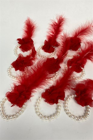 Kırmızı Tüylü İncili Nedime Bilekliği 10 Adet