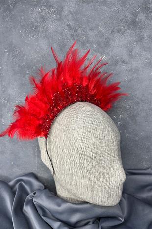 Kırmızı Tüylü Kristal Boncuklu Arden Gelin Kına Tacı