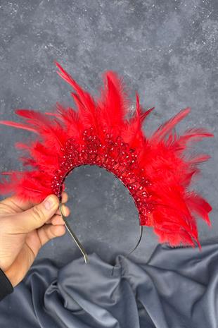 Kırmızı Tüylü Kristal Boncuklu Arden Gelin Kına Tacı