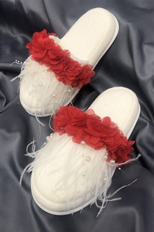 Red Feathered Postpartum Slippers and Crown with Pearls