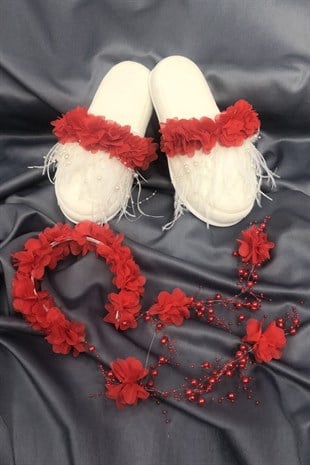 Red Feathered Postpartum Slippers and Crown with Pearls