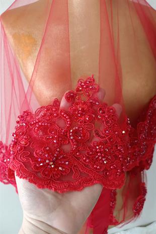 Kırmızı Ultra Lüks Kristal Boncuk İşlemeli Gelin Kına Duvağı