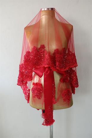 Kırmızı Ultra Lüks Kristal Boncuk İşlemeli Gelin Kına Duvağı