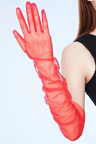 Kırmızı Uzun Tüllü Gelin Eldiveni