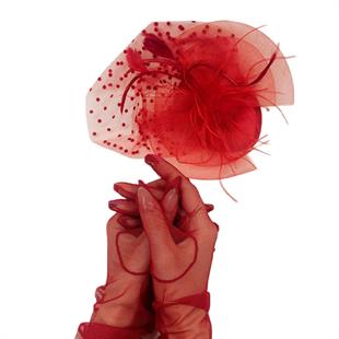 الجملة قفازات الزفاف الأحمر طويل تول وقبعة رقصة البولكا