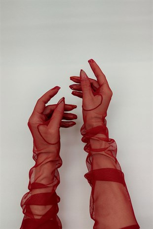 Red Long Tulle Bridal Gloves And Polka Dot Hat Face Veils