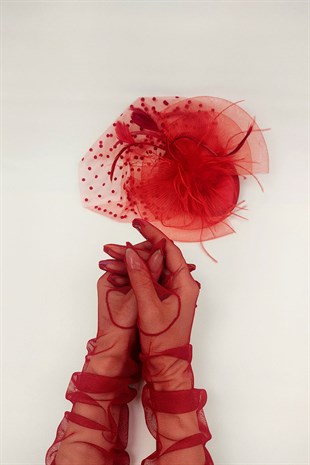 Red Long Tulle Bridal Gloves And Polka Dot Hat Face Veils
