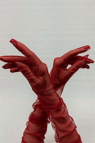 Red Long Tulle Bridal Gloves And Hat Face Veils