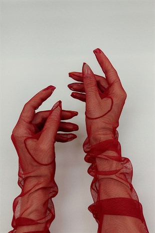 Red Long Tulle Bridal Gloves And Hat Face Veils