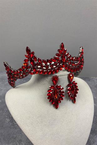 Kırmızı Venedik Taşlı Gelin Kına Tacı Ve Damlalı Küpe Seti