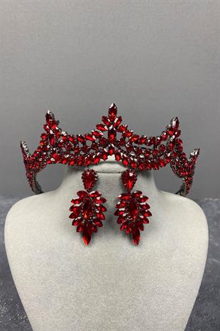 Kırmızı Venedik Taşlı Gelin Kına Tacı Ve Damlalı Küpe Seti