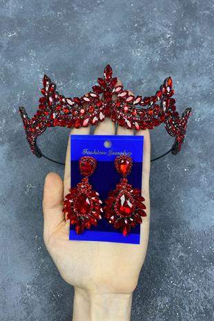 Red Venetian Stone Bridal Henna Crown And Drop Stud Earring Set