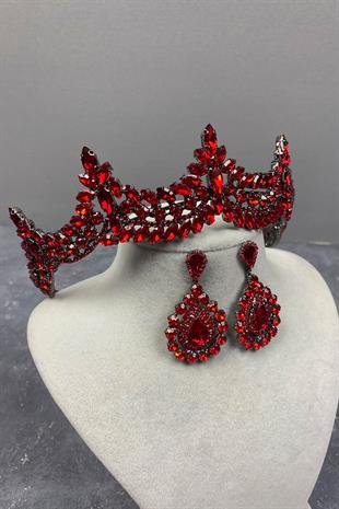 Red Venetian Stone Bridal Henna Crown And Drop Earrings Set