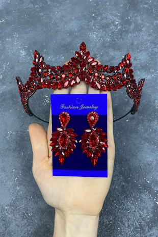 Kırmızı Venedik Taşlı Gelin Kına Tacı Ve Damlalı Küpe Seti