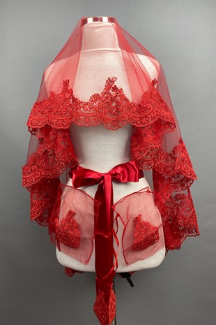 Kırmızı Venüs Dantelli Gelin Duvağı Kına Yüz Örtüsü