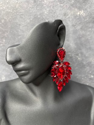Kırmızı Vera Mekik Vip Kristal Taşlı Abiye Gelin Küpesi