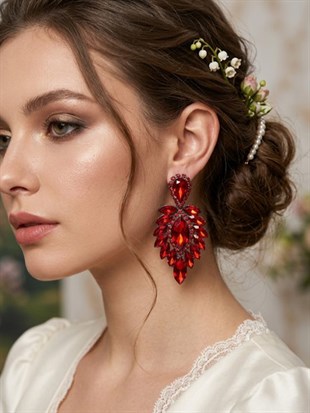 Kırmızı Vera Mekik Vip Kristal Taşlı Abiye Gelin Küpesi