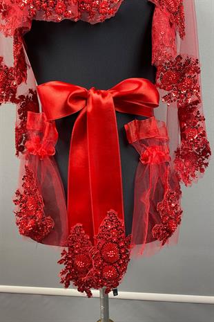 Kırmızı Vip Model Gelin Kına Duvağı Yüz Örtüsü