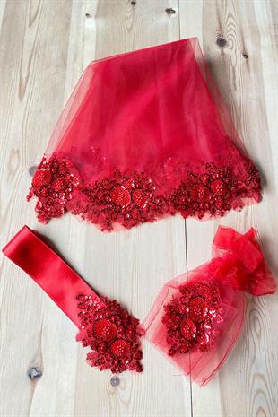 Kırmızı Vip Model Gelin Kına Duvağı Yüz Örtüsü