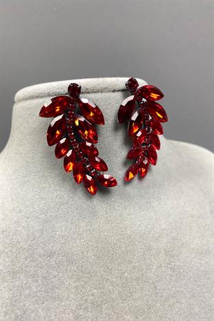 Kırmızı Yaprak Desen Ela Abiye Taşlı Gelin Küpesi