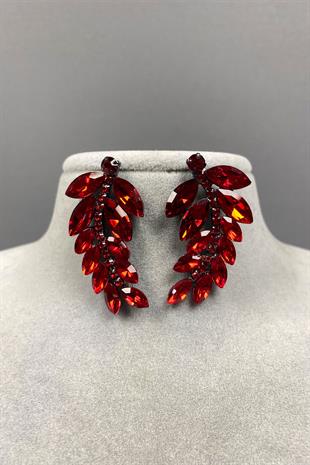 Kırmızı Yaprak Desen Ela Abiye Taşlı Gelin Küpesi