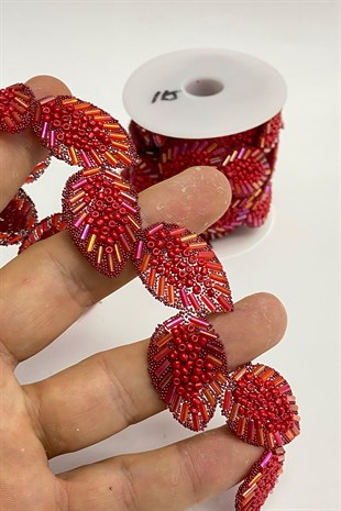 Kırmızı Yaprak Desen Ütüyle Yapışan Şerit Taş Aplik