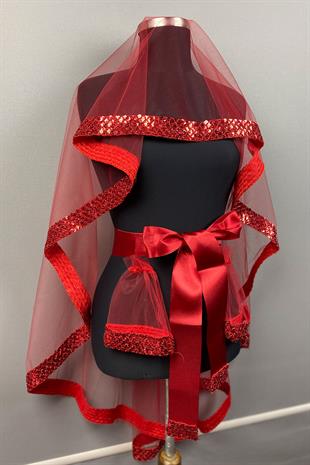 Kırmızı Zarif Model Pullu Gelin Kına Duvağı Yüz Örtüsü