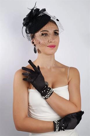 Kısa Saten Gelin Eldiveni Düğün Nikah Aksesuarı Fascinator Şapka Seti