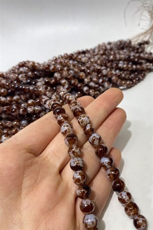 Kızıl Kahve Desenli Dizi Cam Boncuk 8 mm